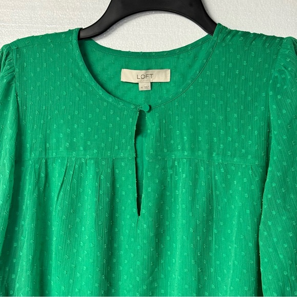 Loft Swings Dress Women M Kelly Green Sheer Lined Bell Sleeve Ruffle Swiss Dot - Picture 5 of 10
